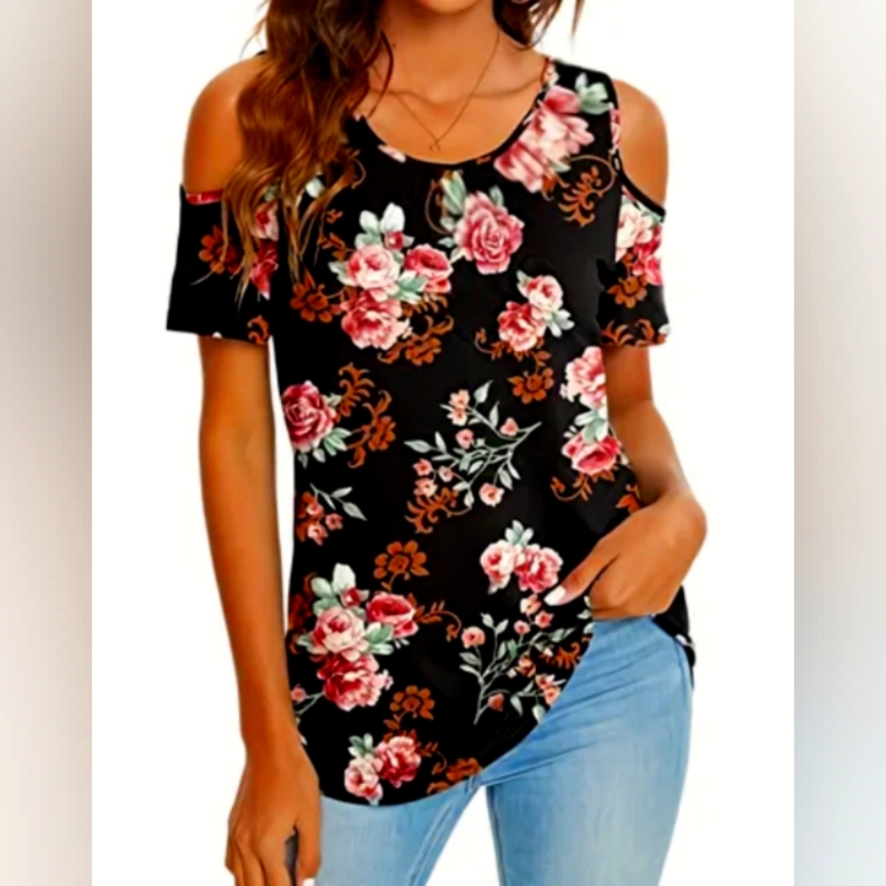 Black floral cold shoulder top sz XL